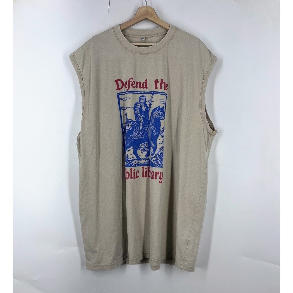 Defend the Public Library Knight Cat Graphic Muscle Tee Tan Mens 5XL